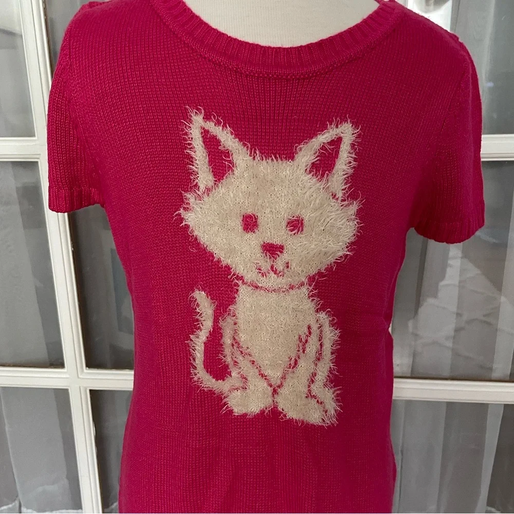 Girls 12 Justice hot pink cat sweater soft fall winter